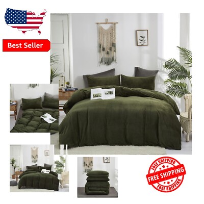 Modern Dark Velvet Army Green Comforter Set - King, 3 Piece Flannel Design-image