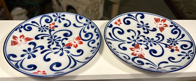 PAIR Pier 1 BUTTERFLY BLOSSOM Rust Red & Blue 8