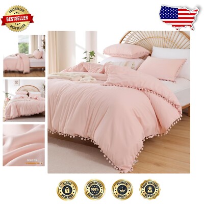 Luxury Blush Full Size Comforter Set – Soft Microfiber with Ball Pom Fringe-image