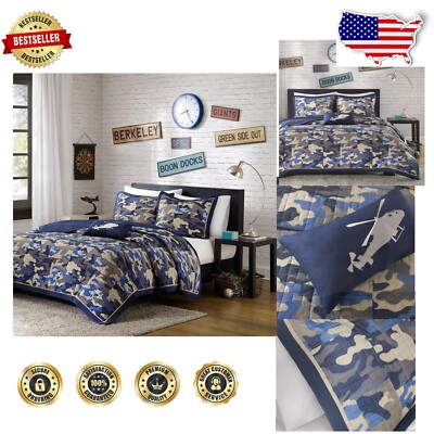 Twin/Twin XL Cozy Quilt Set - Blue Camouflage Design with Decorative Pillow-image