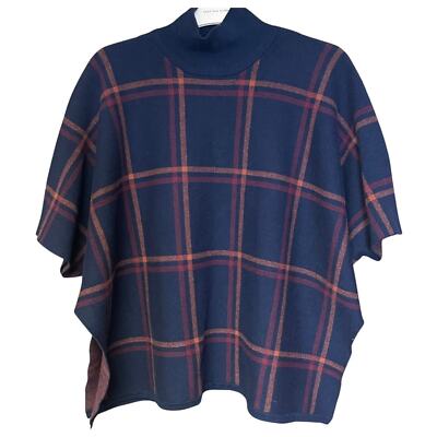 Max Studio short sleeve plaid poncho blue heavy warm cozy sweater one size-image