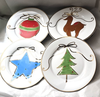 Set of 4 Pier 1 Imports Gold Ribbons Christmas Ornament Dessert Salad Plates-image