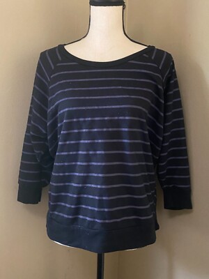 Cotton On Women's M 3/4 Sleeve Black Purple Stripe Sweatshirt Pullover Top-image