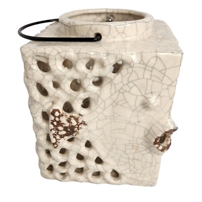Pier1 Imports Blow Fish Tea Light Lantern Cubed Ceramic Reticulated Crazing -image