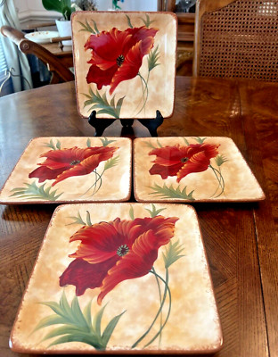Set of 4 Pier 1 Imports Poppies Hand Painted Earthenware 8.5