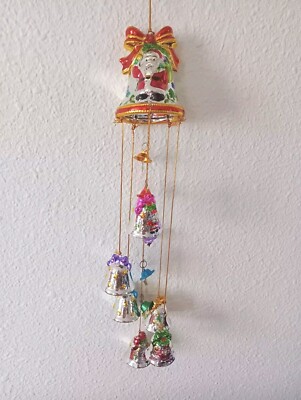 Vintage Christmas Santa Wind Chime 7 Bells Hand Painted Ceramic Mercury Stars-image