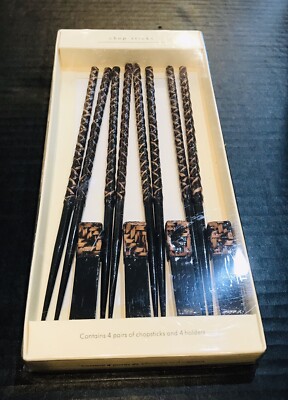 Chopsticks Pier 1 Imports Original Box ~ Set of 4 ~Beige And Brown Bamboo Design-image
