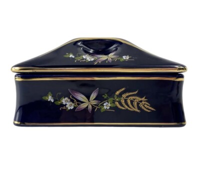 Vintage Dresser Box Cobalt Blue Porcelain Floral Gold European Import 1930-70-image