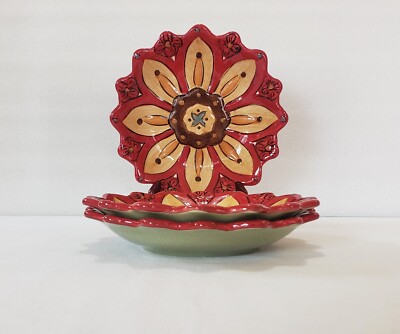Pier 1 Plates 8 Inch Carynthum Red Yellow Salad Accent Flower Shape Set Of 3-image