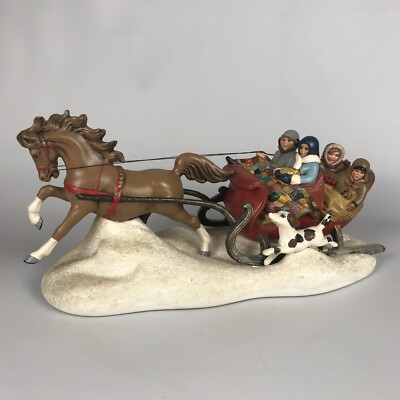 Vintage Atlantic Mold Ceramic Christmas Horse Drawn Sleigh Ride Family Music Box-image