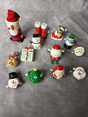 13 Vintage Wind-Up Christmas Holiday Toys And Pin Lot All Working Tree Santa +-image