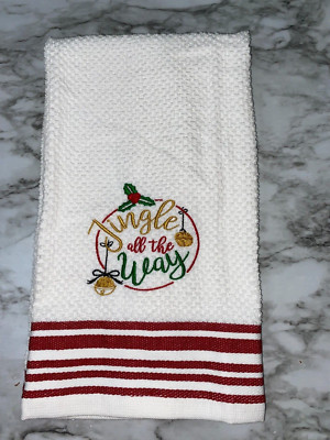 Embroidered Striped Kitchen Hand Towel Christmas Theme Jingle All the Way BS2950-image