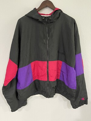 Vintage Champion Windbreaker Full Zip Black/Red/Purple Colorblock Men Size Large-image