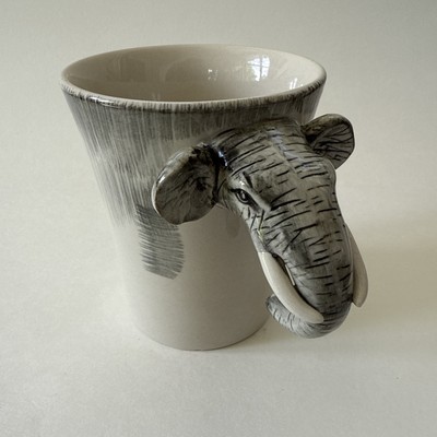 Pier 1 One Imports 3D Elephant Head Handle Mug Cup 16 oz Gray White-image