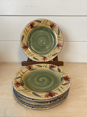 6 Pier 1 Elizabeth 8” Salad Plate Set Red Floral Handpainted Stoneware Dishes EC-image