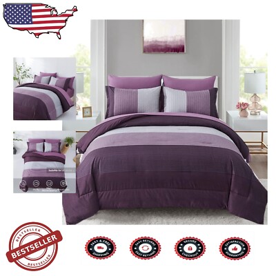 Complete King Comforter Set - Purple Striped Microfiber - 7-Piece Bed in a Bag-image