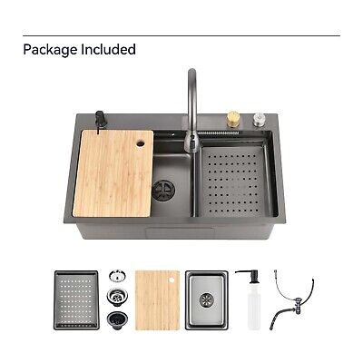 Multifunctional Overmount Sink with Pull-down&Waterfall Faucet&Cutting Board-image