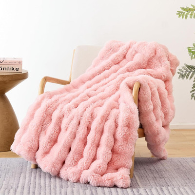 Faux Fur Blanket Rabbit Fleece - Blush Pink Fluffy Blanket for Sofa, Cozy Soft P-image