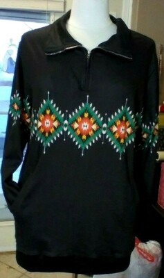 Aztec Pullover Tribal Black 1/4 Zip Size L Beautiful Graphic Ladies Large-image