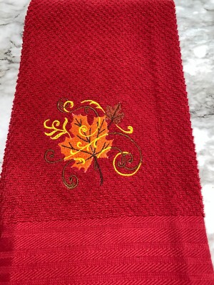 Embroidered Red  Kitchen Cotton Hand Towel Fall Leaves w Filigree Swirls  BS3055-image