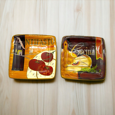 Pier 1 Imports Hand Painted Cucina Antipasto Di Giorno 5.5in Square Plate  x2-image