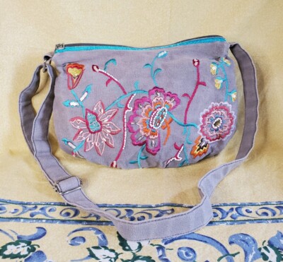 Pier 1 Imports Gray Multicolor Embroidery Canvas Bohemian Womens Shoulder Bag-image