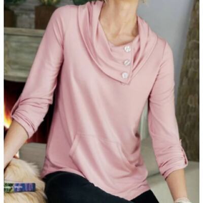 Soft Surroundings Sz L Kassidy Pink Cowl Neck Tunic Roll Tab Sleeve Cozy Comfy-image