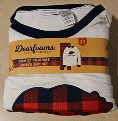 Dearfoams Papa Bear Family Mens 3X Cozy Comfort Long Sleeve Pajama Set Red Plaid-image