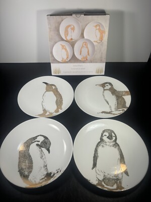 Pier 1 Porcelain Penguin Salad Plates 8” Set of 4 Gold Sketched Designs In Box-image