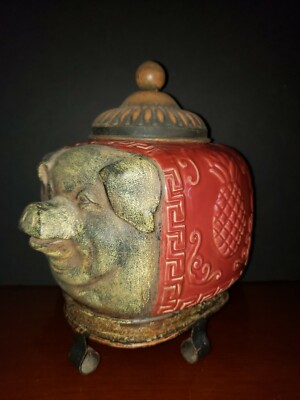 Pier 1 Imports Metal Pig w/Ceramic Asian Scroll Pineapple Design Footed Jar-EUC!-image