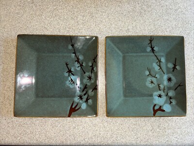 2 Pier 1 Tranquil Salad Plates Blue Green Teal Cherry Blossoms Square  8 1/4