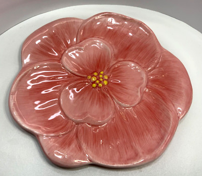 Pier 1 Imports Dolomite Salad Dessert Plate Pink Hibiscus Flower Hand Painted-image