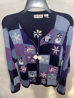 B. P. Design Snowman Womens Full Zip Cardigan Sz Large Blue Black Cozy Comfort-image