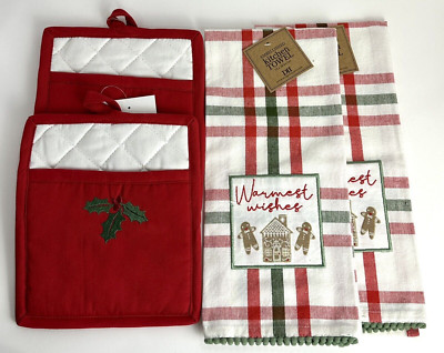 NWT DII Design Imports Christmas Kitchen Dish Hand Towel & Oven Pot Holder Set-image