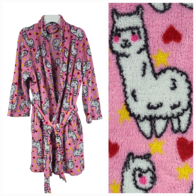 Women's Pink Llama Cozy Plush Fleece Bath Robe Small House Coat Spa Day Bathrobe-image