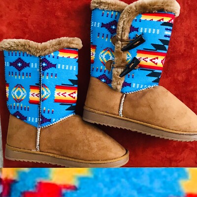 Cozy New IBIZA Style SOUTHWESTERN Print Faux Fur / Suede BOOTS 9.5-image