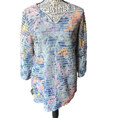 Soft Surroundings Top Long Line Stripe V Neck Tunic Floral Tiered Multicolored S-image