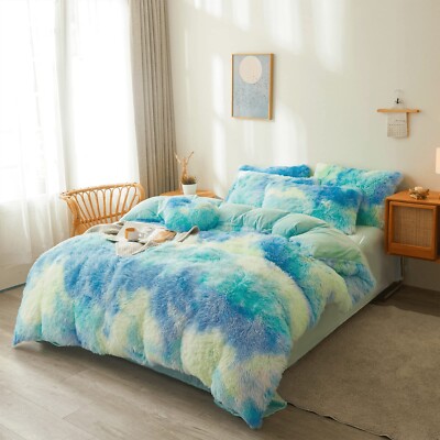 Tie dye Mint Plush Comforter Queen Size with Filler, Cozy Faux Fur Comforter ...-image