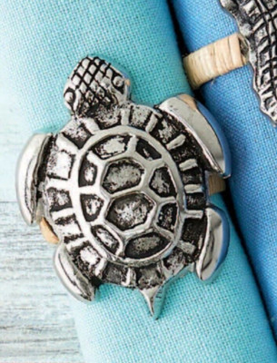 DII Design Imports Beach Sea Turtle Napkin Holder Rings Cast Brass Metal 5-Piece-image
