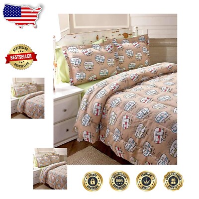 Lightweight Happy Camper Comforter Set - King Size for Cozy Travel Vibes, Beige-image