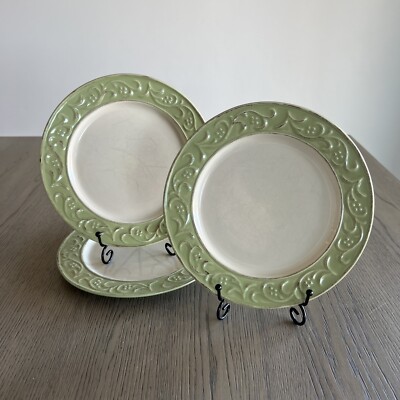 Pier 1 Imports Antique Floral Salad Dessert Plate Green Discontinued Set Of 3-image