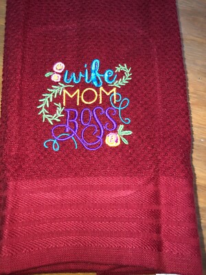 Embroidered Red Kitchen Hand Towel  Wife MOM Boss w Flowers  BS2443-image