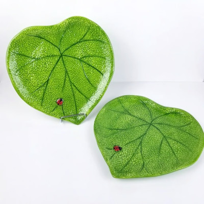PIER 1 IMPORTS LADYBUG EARTHENWARE EMBOSSED LEAF PLATE/PLATTER SET/2-image