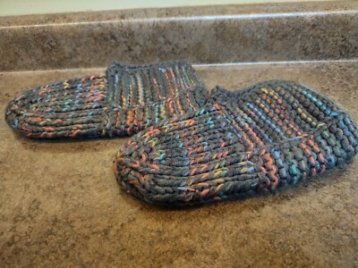  Hand Knitted Slippers Grey Multicolor 8+ Inches Fits Med Women 6-9 Slip On Cozy-image