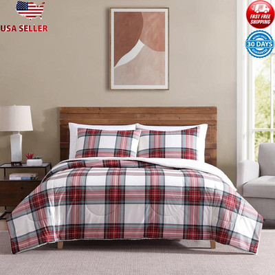 3-Piece Adult Comforter Set Red Tartain Plaid Full/Queen Reversible Machine-wash-image