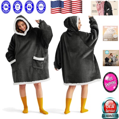 Award-Winning Grey & Black Sherpa Hoodie Blanket - Cozy Wearable Comfort-image