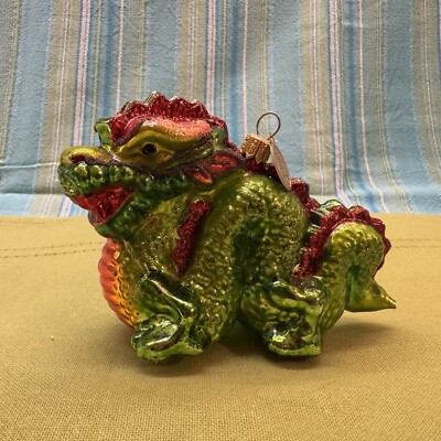 Pier 1 Imports Chinese Dragon Blown Glass Christmas Ornament Green Red - Chipped-image