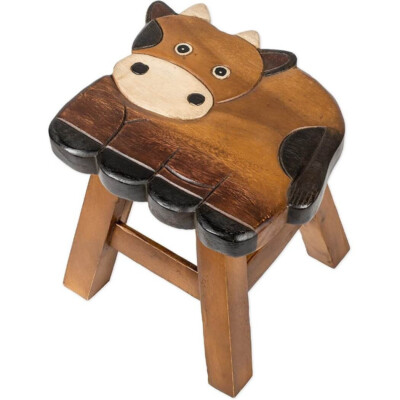 Sea Island Imports Cow Design Hand Carved Acacia Children's Wood Stool-image