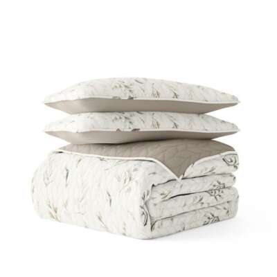 3-piece Soft Microfiber Reversible Quilt Set With Latte Stripe Sham Coverlet-image