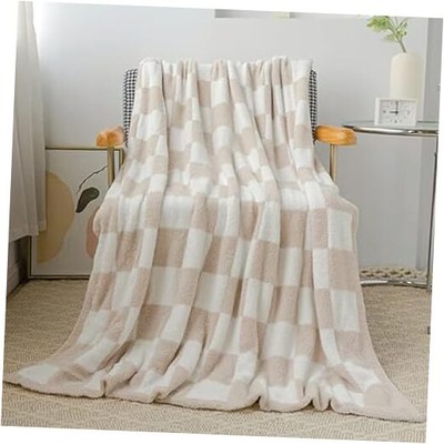 Cozy Warm Fluffy Kahki Microfiber Polyester Buffalo Checkerboard Pattern Throw -image